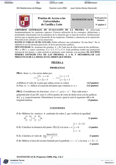 Vista previa de Examen PAU de Matemáticas II de Castilla y León 2006 – Ordinaria