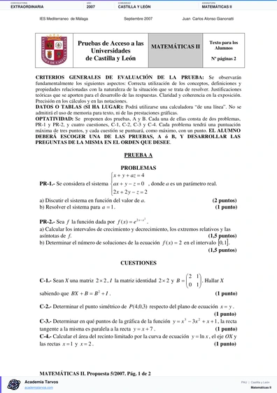 Vista previa de Examen PAU de Matemáticas II de Castilla y León 2007 – Extraordinaria