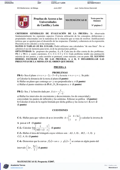 Vista previa de Examen PAU de Matemáticas II de Castilla y León 2007 – Ordinaria