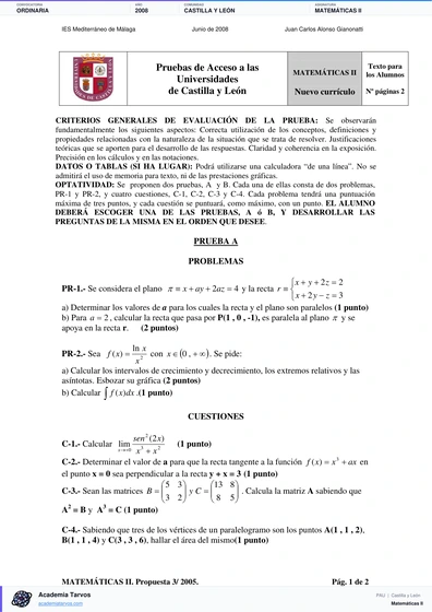Vista previa de Examen PAU de Matemáticas II de Castilla y León 2008 – Ordinaria