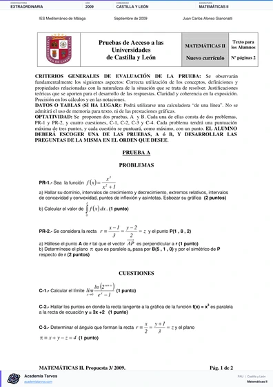 Vista previa de Examen PAU de Matemáticas II de Castilla y León 2009 – Extraordinaria