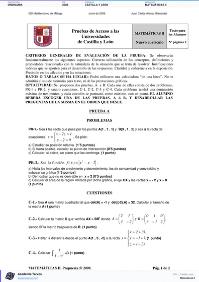Vista previa de Examen PAU de Matemáticas II de Castilla y León 2009 – Ordinaria