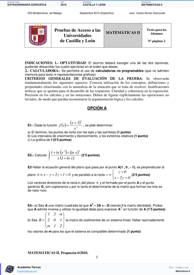 Vista previa de Examen PAU de Matemáticas II de Castilla y León 2010 – Extraordinaria Específica