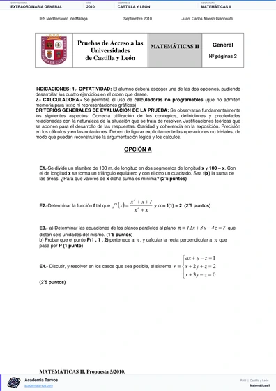 Vista previa de Examen PAU de Matemáticas II de Castilla y León 2010 – Extraordinaria General