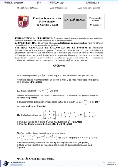 Vista previa de Examen PAU de Matemáticas II de Castilla y León 2010 – Ordinaria Específica