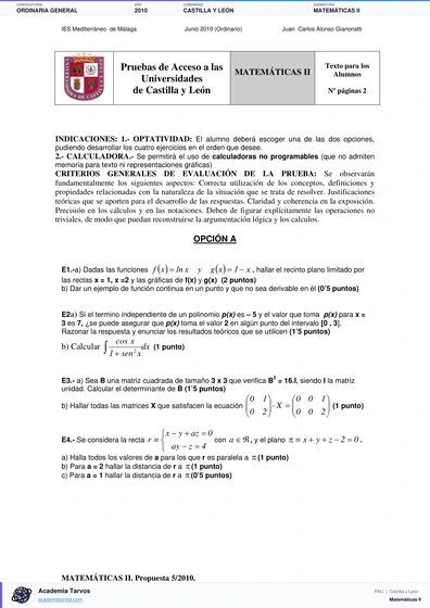 Vista previa de Examen PAU de Matemáticas II de Castilla y León 2010 – Ordinaria General