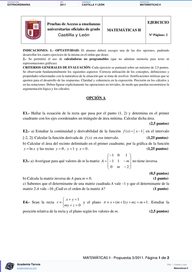 Vista previa de Examen PAU de Matemáticas II de Castilla y León 2011 – Extraordinaria