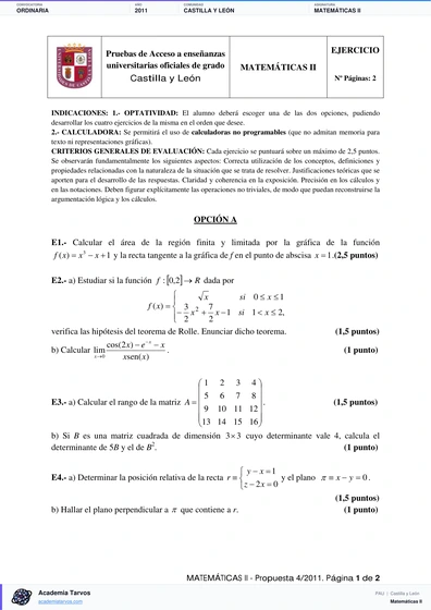 Vista previa de Examen PAU de Matemáticas II de Castilla y León 2011 – Ordinaria
