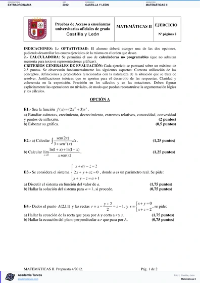 Vista previa de Examen PAU de Matemáticas II de Castilla y León 2012 – Extraordinaria