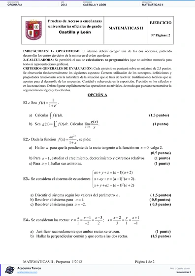 Vista previa de Examen PAU de Matemáticas II de Castilla y León 2012 – Ordinaria