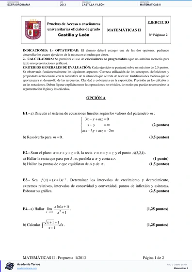 Vista previa de Examen PAU de Matemáticas II de Castilla y León 2013 – Extraordinaria