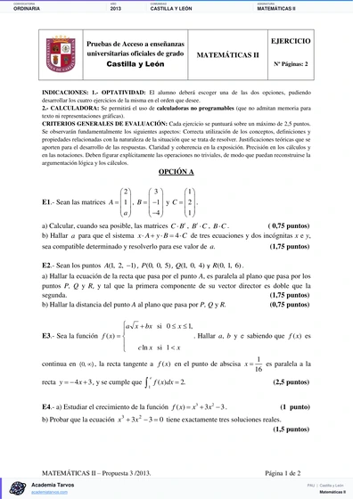 Vista previa de Examen PAU de Matemáticas II de Castilla y León 2013 – Ordinaria