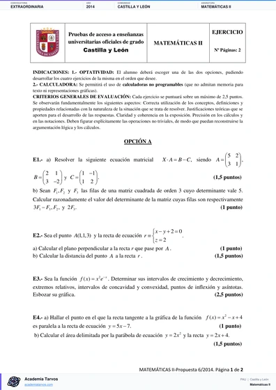 Vista previa de Examen PAU de Matemáticas II de Castilla y León 2014 – Extraordinaria