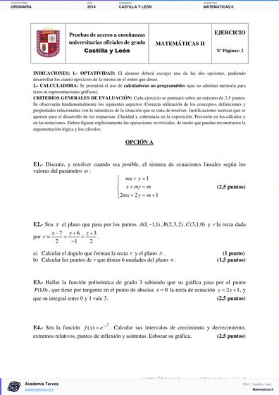 Vista previa de Examen PAU de Matemáticas II de Castilla y León 2014 – Ordinaria
