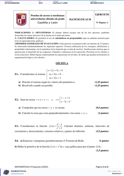 Vista previa de Examen PAU de Matemáticas II de Castilla y León 2015 – Extraordinaria