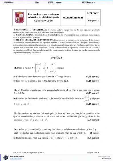 Vista previa de Examen PAU de Matemáticas II de Castilla y León 2015 – Ordinaria