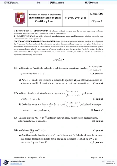 Vista previa de Examen PAU de Matemáticas II de Castilla y León 2016 – Extraordinaria