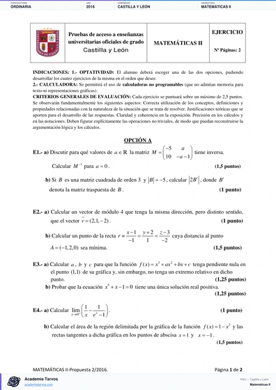 Vista previa de Examen PAU de Matemáticas II de Castilla y León 2016 – Ordinaria
