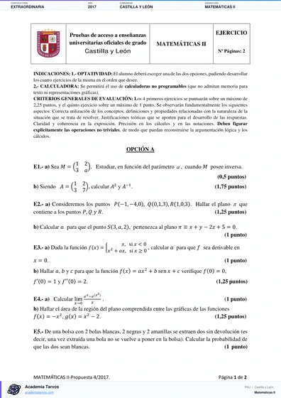 Vista previa de Examen PAU de Matemáticas II de Castilla y León 2017 – Extraordinaria