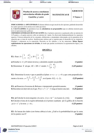 Vista previa de Examen PAU de Matemáticas II de Castilla y León 2017 – Ordinaria
