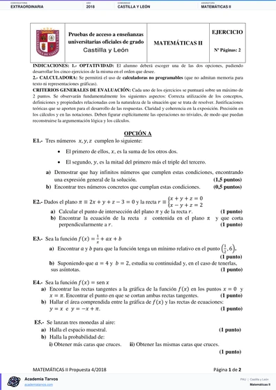 Vista previa de Examen PAU de Matemáticas II de Castilla y León 2018 – Extraordinaria