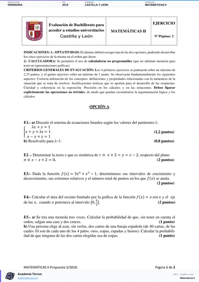 Vista previa de Examen PAU de Matemáticas II de Castilla y León 2018 – Ordinaria