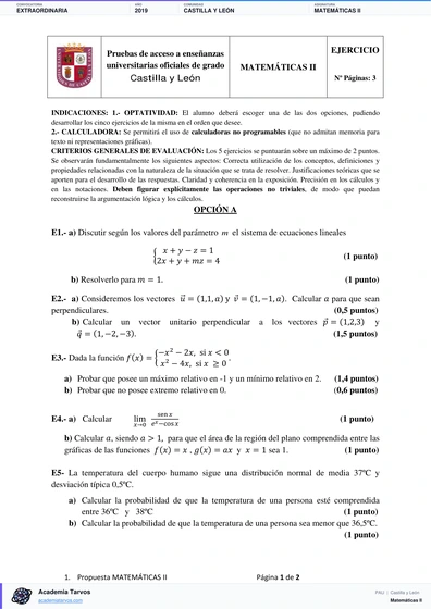 Vista previa de Examen PAU de Matemáticas II de Castilla y León 2019 – Extraordinaria