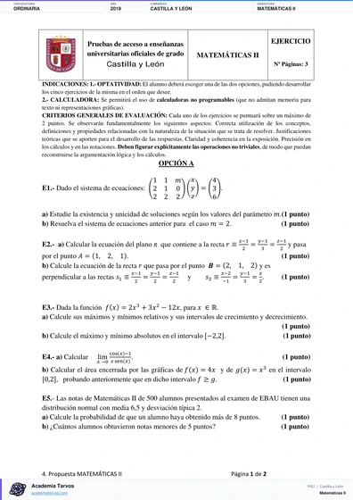 Vista previa de Examen PAU de Matemáticas II de Castilla y León 2019 – Ordinaria