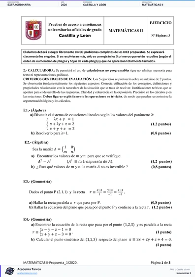 Vista previa de Examen PAU de Matemáticas II de Castilla y León 2020 – Extraordinaria
