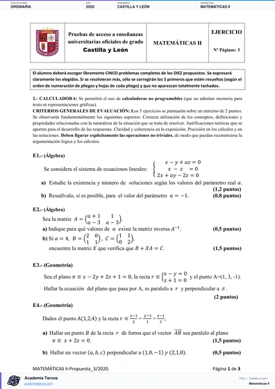 Vista previa de Examen PAU de Matemáticas II de Castilla y León 2020 – Ordinaria