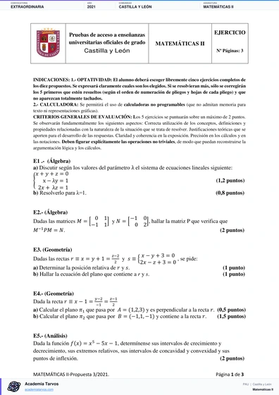 Vista previa de Examen PAU de Matemáticas II de Castilla y León 2021 – Extraordinaria