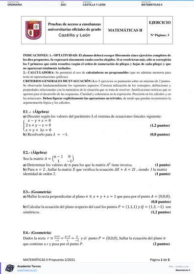 Vista previa de Examen PAU de Matemáticas II de Castilla y León 2021 – Ordinaria