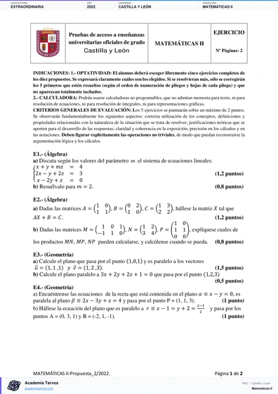 Vista previa de Examen PAU de Matemáticas II de Castilla y León 2022 – Extraordinaria