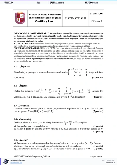 Vista previa de Examen PAU de Matemáticas II de Castilla y León 2023 – Ordinaria