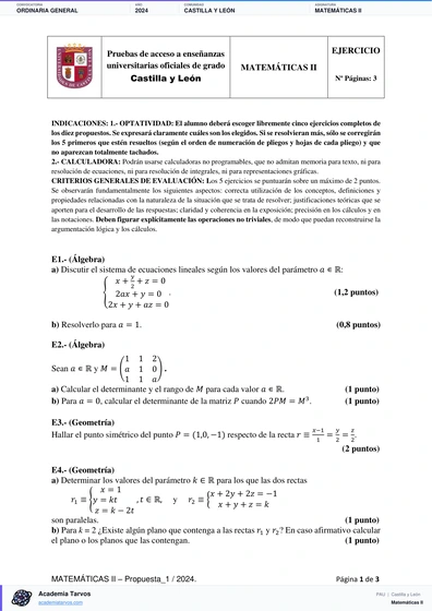 Vista previa de Examen PAU de Matemáticas II de Castilla y León 2024 – Ordinaria General