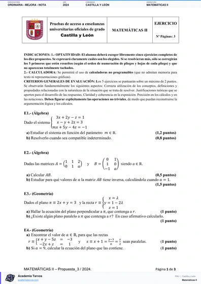 Vista previa de Examen PAU de Matemáticas II de Castilla y León 2024 – Ordinaria   Mejora   Nota