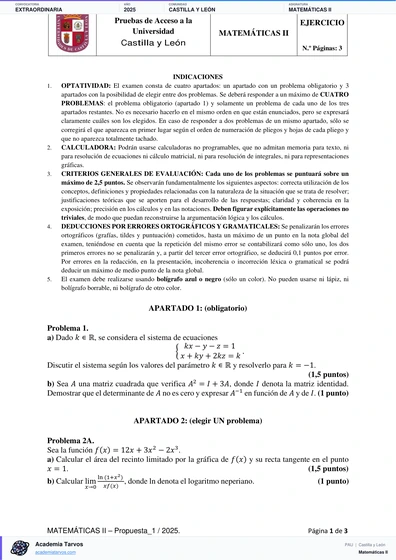 Vista previa de Examen PAU de Matemáticas II de Castilla y León 2025 – Extraordinaria