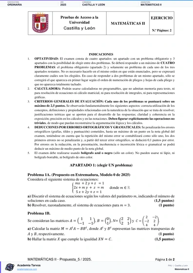 Vista previa de Examen PAU de Matemáticas II de Castilla y León 2025 – Ordinaria