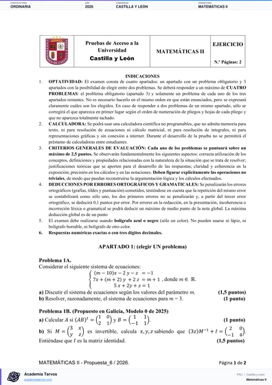 Vista previa de Examen PAU de Matemáticas II de Castilla y León 2026 – Ordinaria