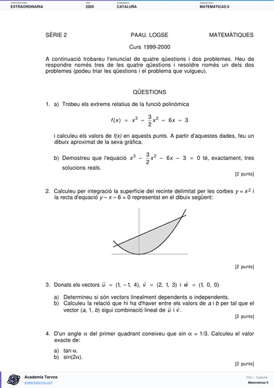 Vista previa de Examen PAU de Matemáticas II de Cataluña 2000 – Extraordinaria
