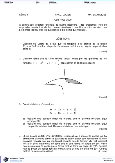 Vista previa de Examen PAU de Matemáticas II de Cataluña 2000 – Ordinaria