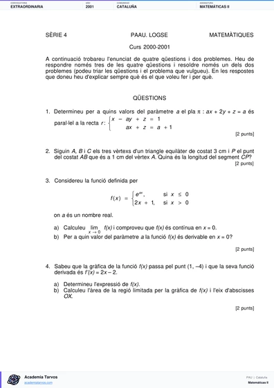 Vista previa de Examen PAU de Matemáticas II de Cataluña 2001 – Extraordinaria