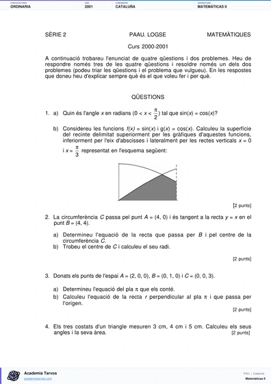 Vista previa de Examen PAU de Matemáticas II de Cataluña 2001 – Ordinaria