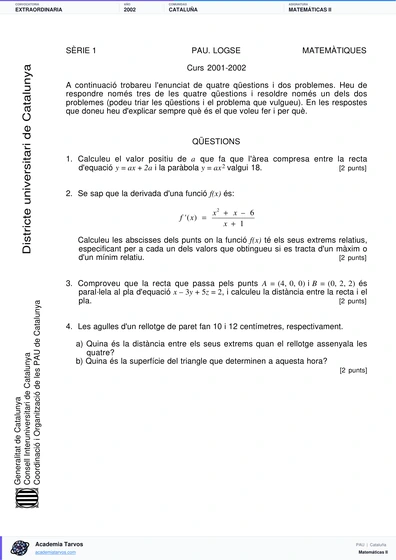Vista previa de Examen PAU de Matemáticas II de Cataluña 2002 – Extraordinaria