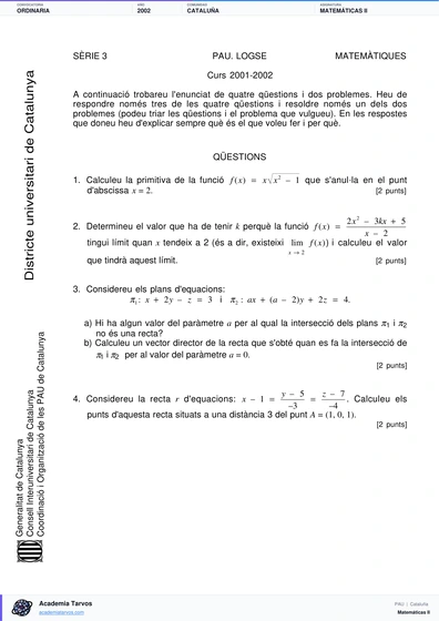 Vista previa de Examen PAU de Matemáticas II de Cataluña 2002 – Ordinaria