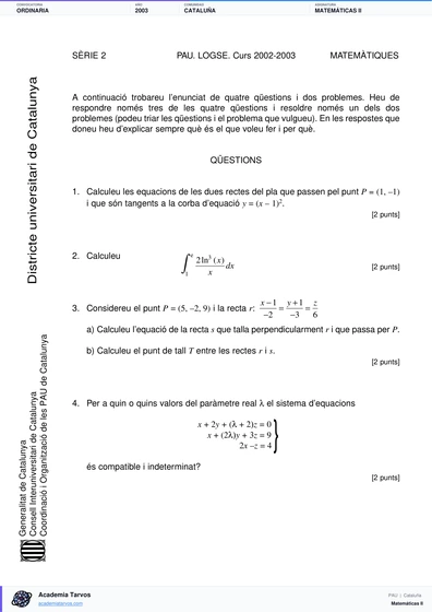 Vista previa de Examen PAU de Matemáticas II de Cataluña 2003 – Ordinaria