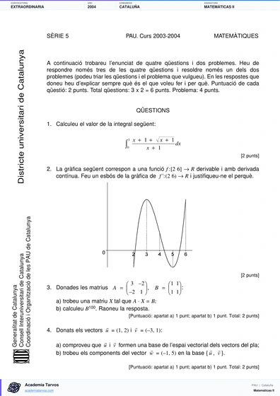 Vista previa de Examen PAU de Matemáticas II de Cataluña 2004 – Extraordinaria