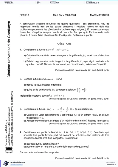 Vista previa de Examen PAU de Matemáticas II de Cataluña 2004 – Ordinaria