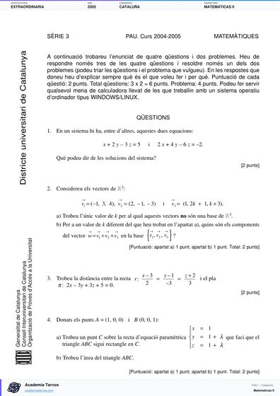 Vista previa de Examen PAU de Matemáticas II de Cataluña 2005 – Extraordinaria