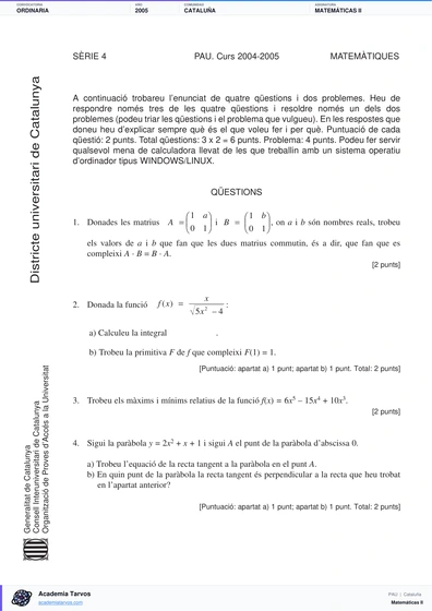 Vista previa de Examen PAU de Matemáticas II de Cataluña 2005 – Ordinaria